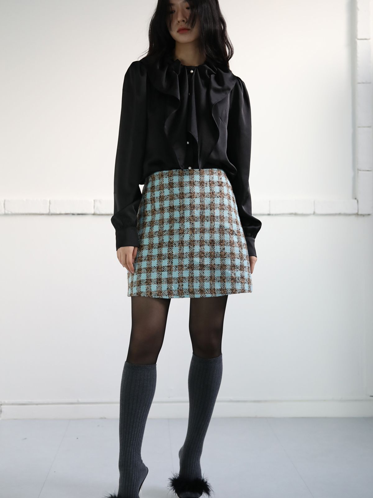 쏘리, 투 머치 러브(SORRY, TOO MUCH LOVE) Gingham Tweed A Line Skirt_Blue
