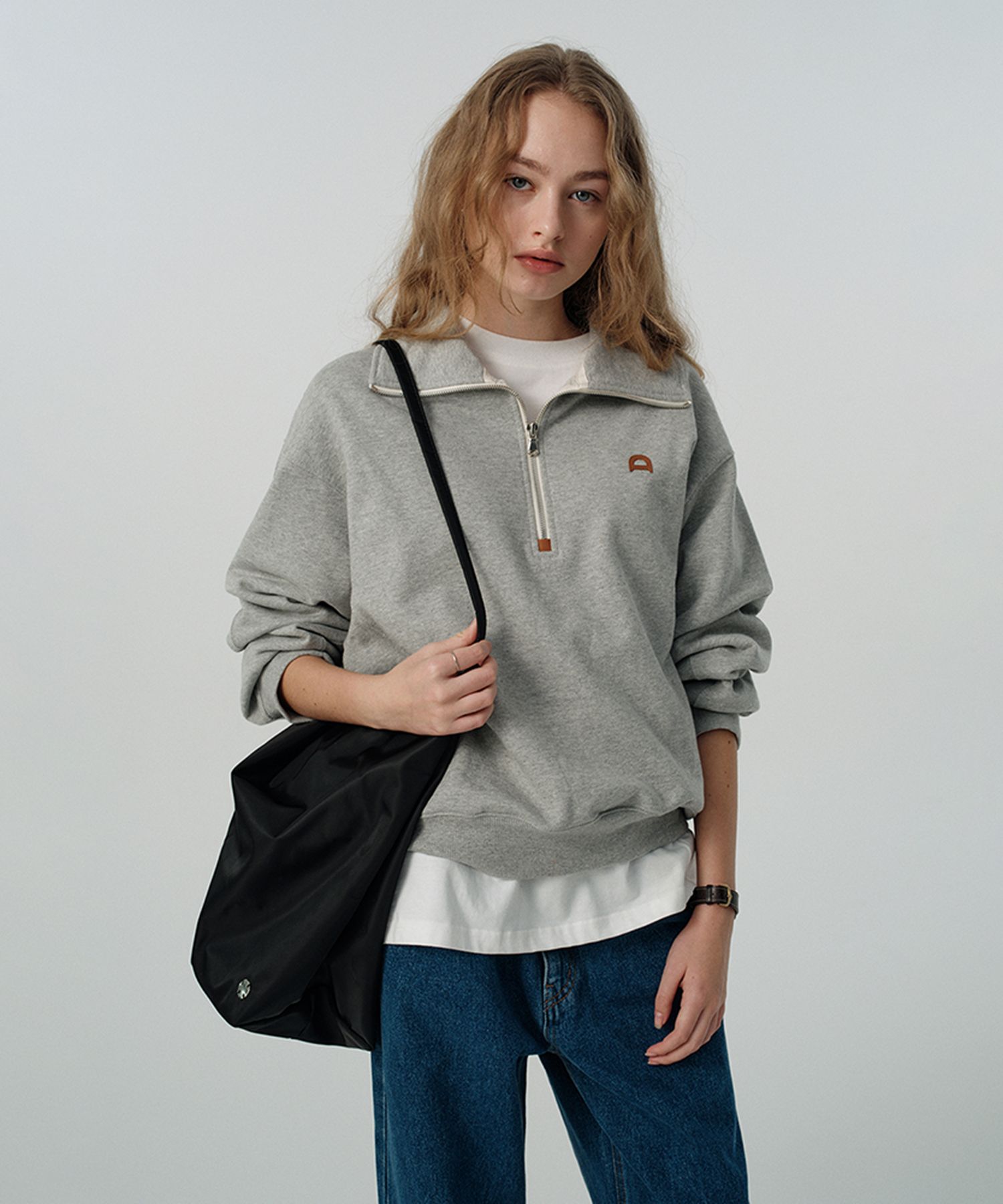 Dunst ♥ UNISEX LEATHER LOGO HALF ZIP-UP SWEATSHIRT MUSINSA | DUNST FOR WOMEN UNISEX LEATHER LOGO Half Zip