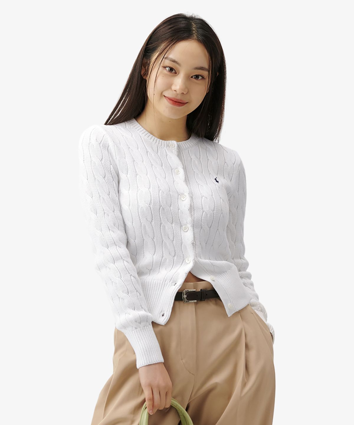 폴로 랄프 로렌(POLO RALPH LAUREN) W 케이블 니트 코튼 크루넥 카디건 - 화이트