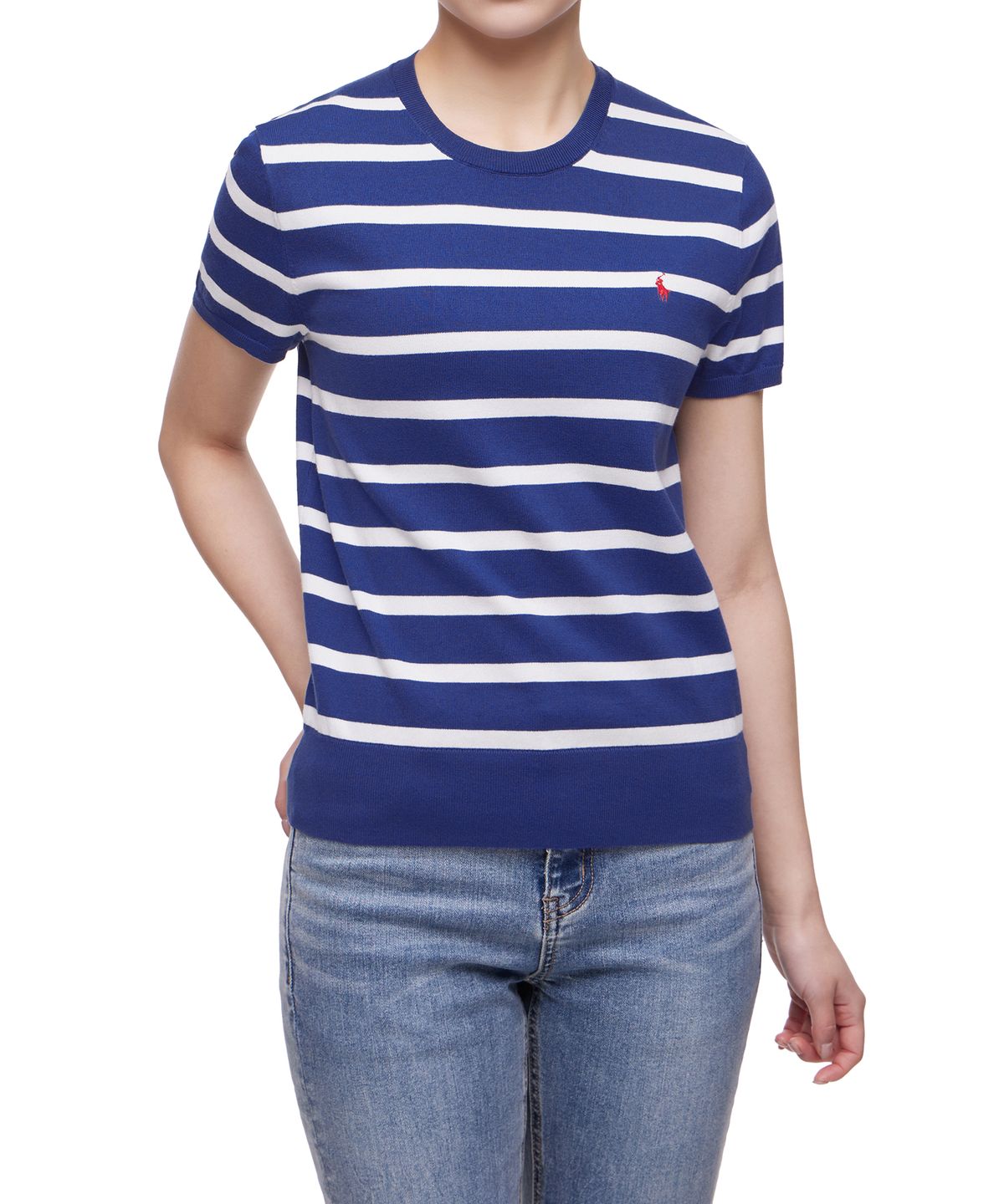 폴로 랄프 로렌(POLO RALPH LAUREN) W 스트라이프 숏 슬리브 스웨터 - 블루