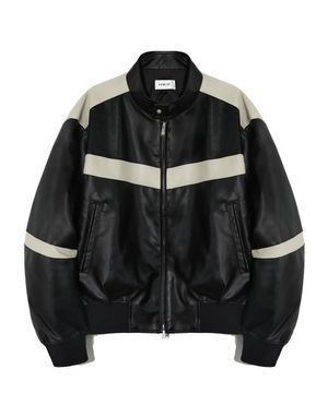 레더 배색 바이커 자켓_블랙