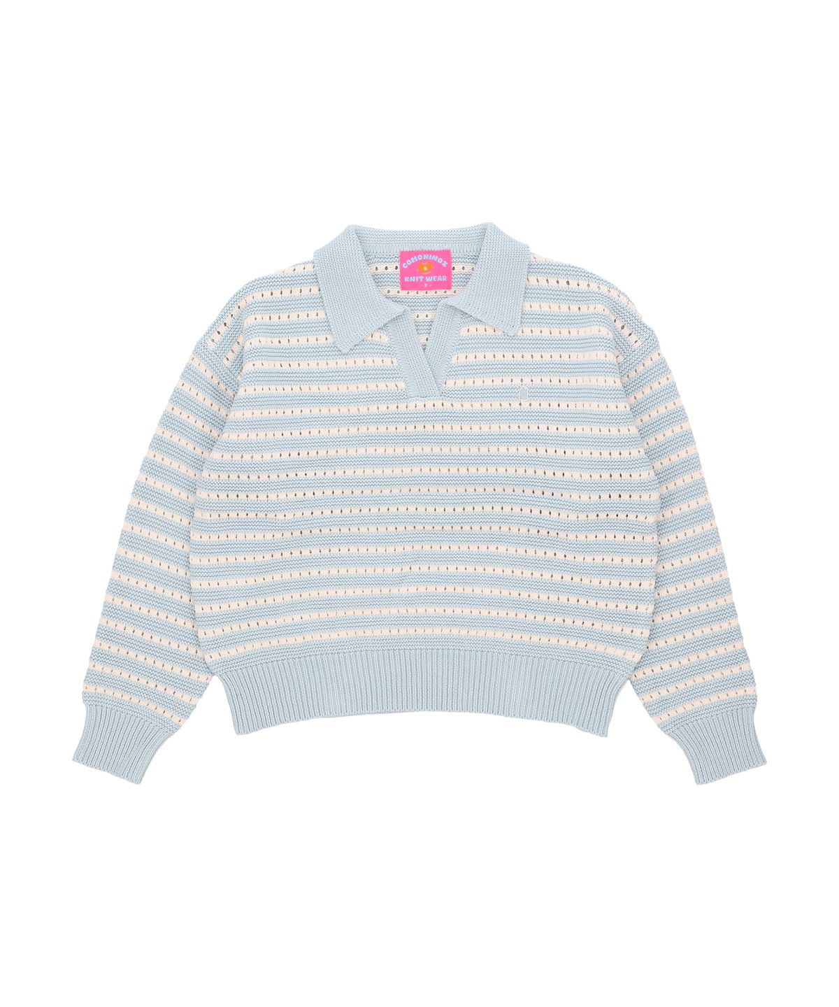 꼬모니노즈(COMONINOZ) W CROCHET STRIPE PULLOVER [SKY BLUE]