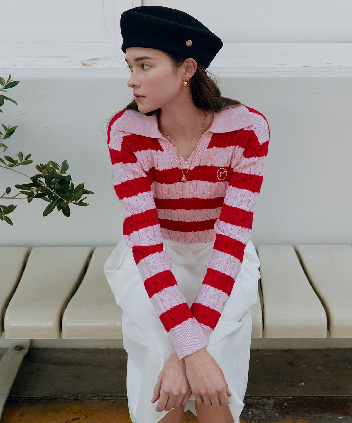 로라로라(ROLAROLA) COLLAR STRIPE BOARDER KNIT L/PK+RD