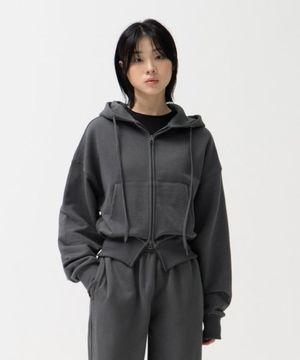 W 2WAY 크롭 스웻 후드 집업 (CHARCOAL)