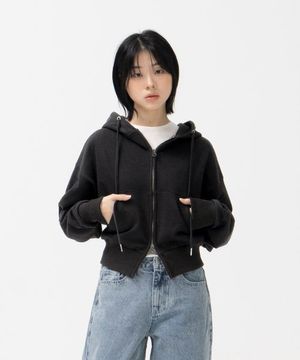 W 2WAY 크롭 스웻 후드 집업 (BLACK)