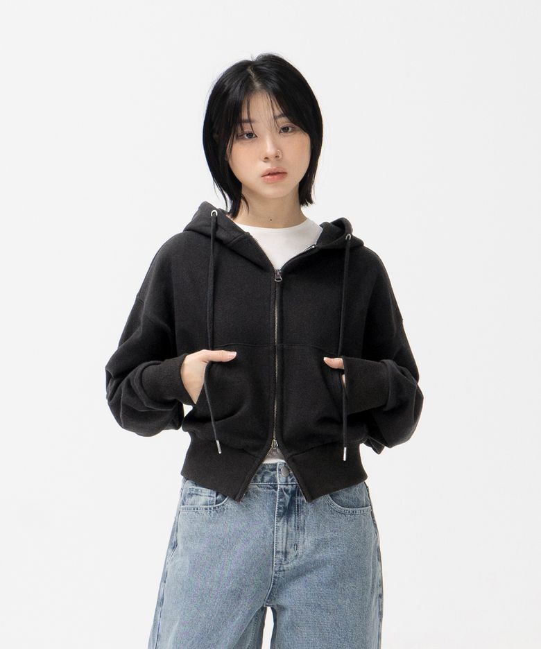 W 2WAY 크롭 스웻 후드 집업 (BLACK)