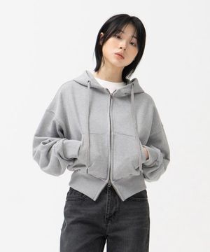 W 2WAY 크롭 스웻 후드 집업 (MELANGE GREY)