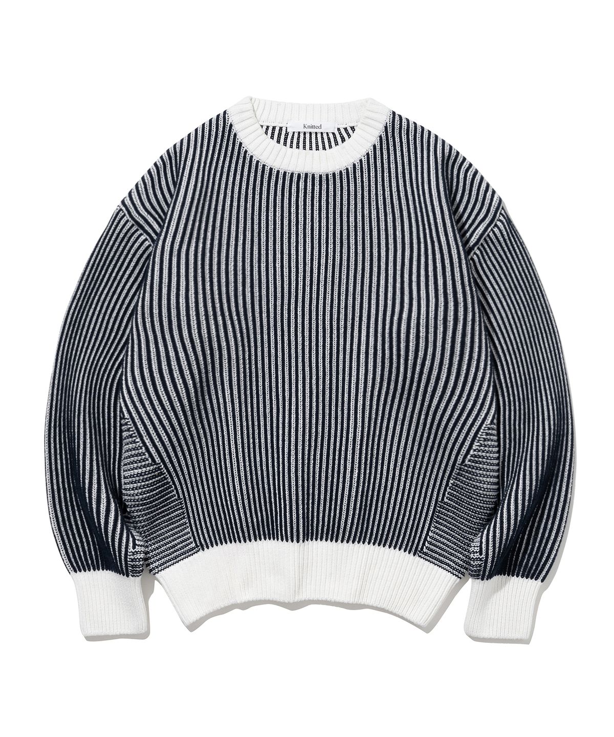 니티드(KNITTED) [니티드X깡스타일리스트] 코튼 미니멀 라운드 니트 STRIPE NAVY