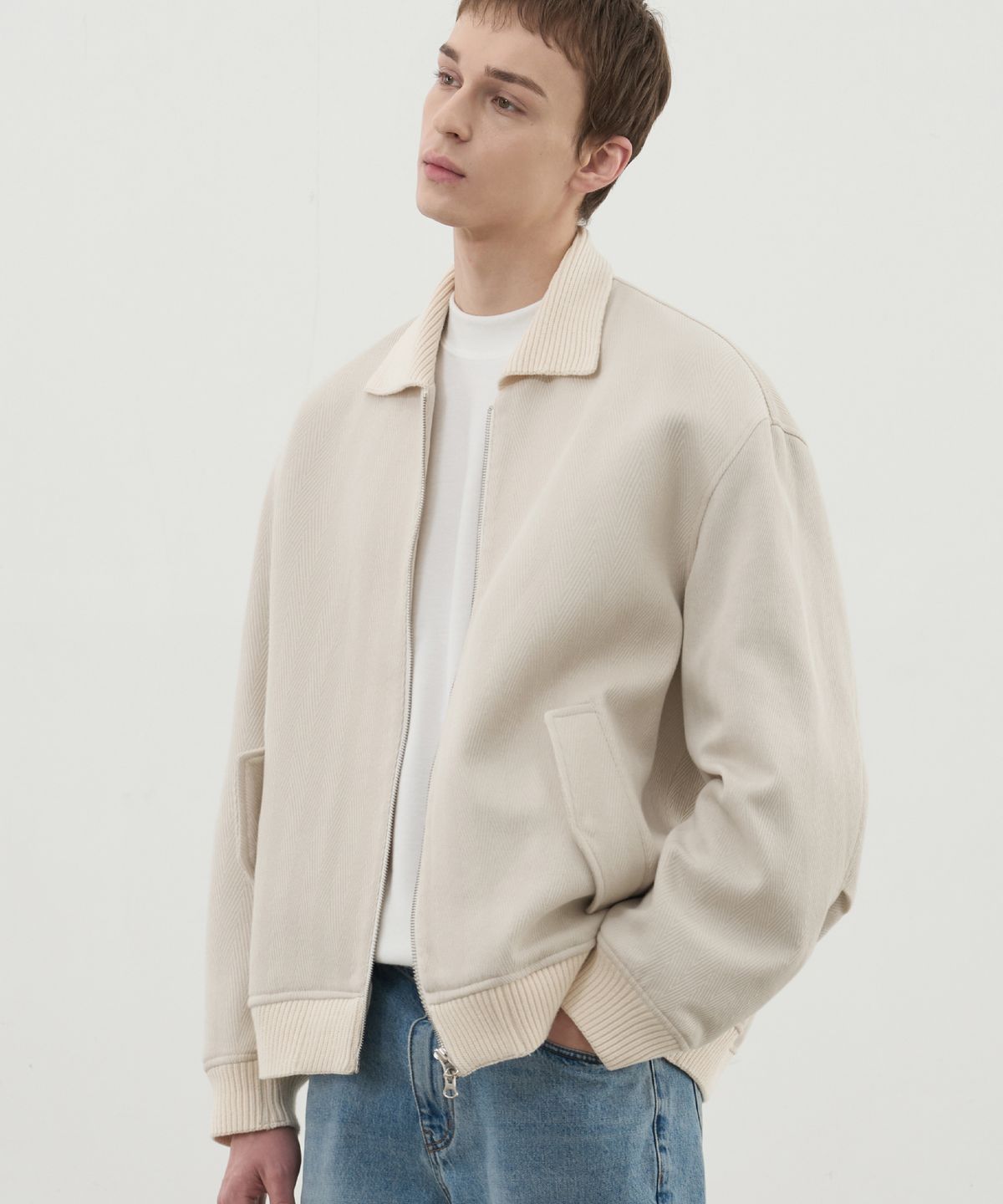 드로우핏(DRAW FIT) 코튼 트윌 니트 배색 집업 자켓 [CREAM]