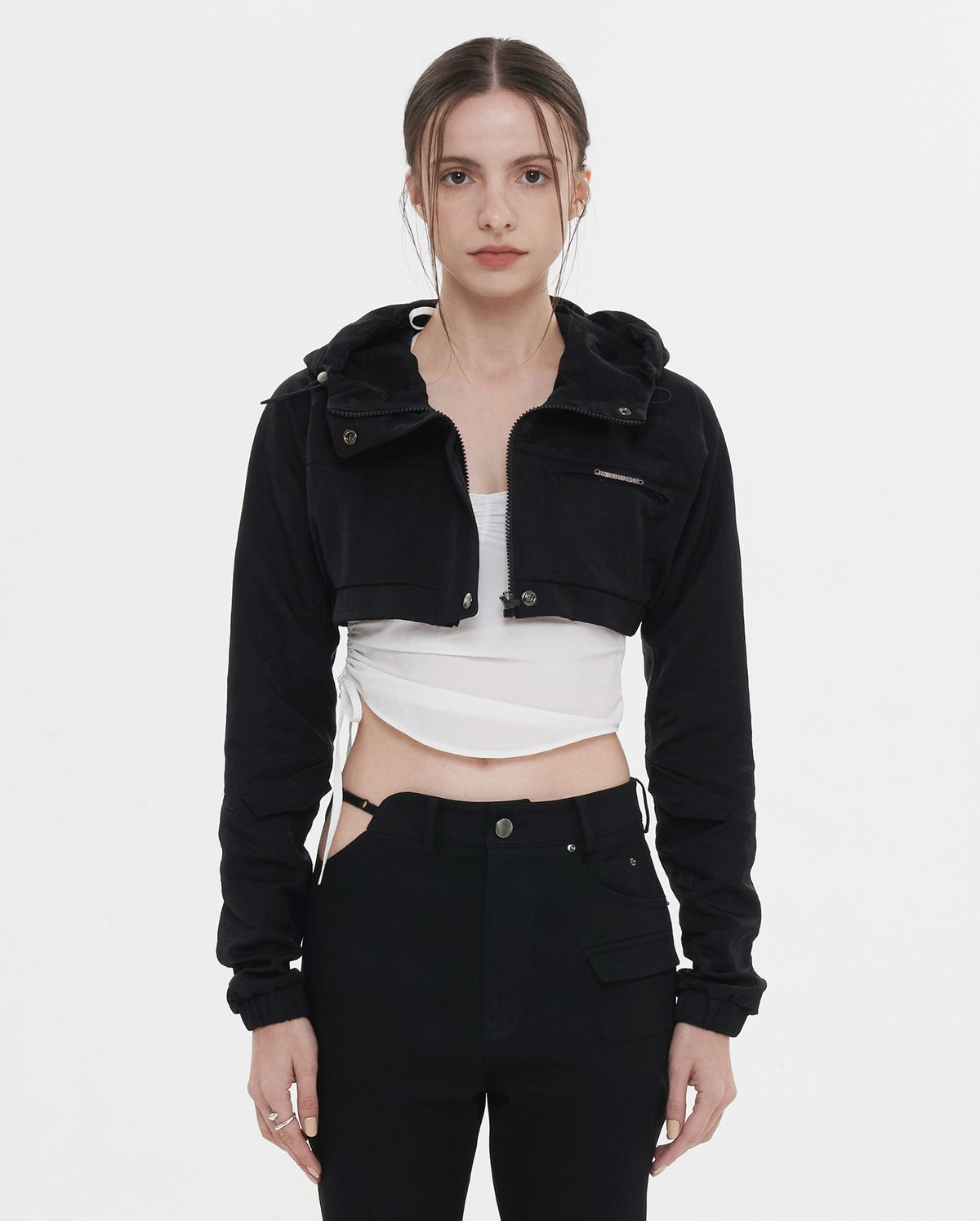 진주유즈(JINJUSE) DETAIL HOODED BOLERO [BLACK]