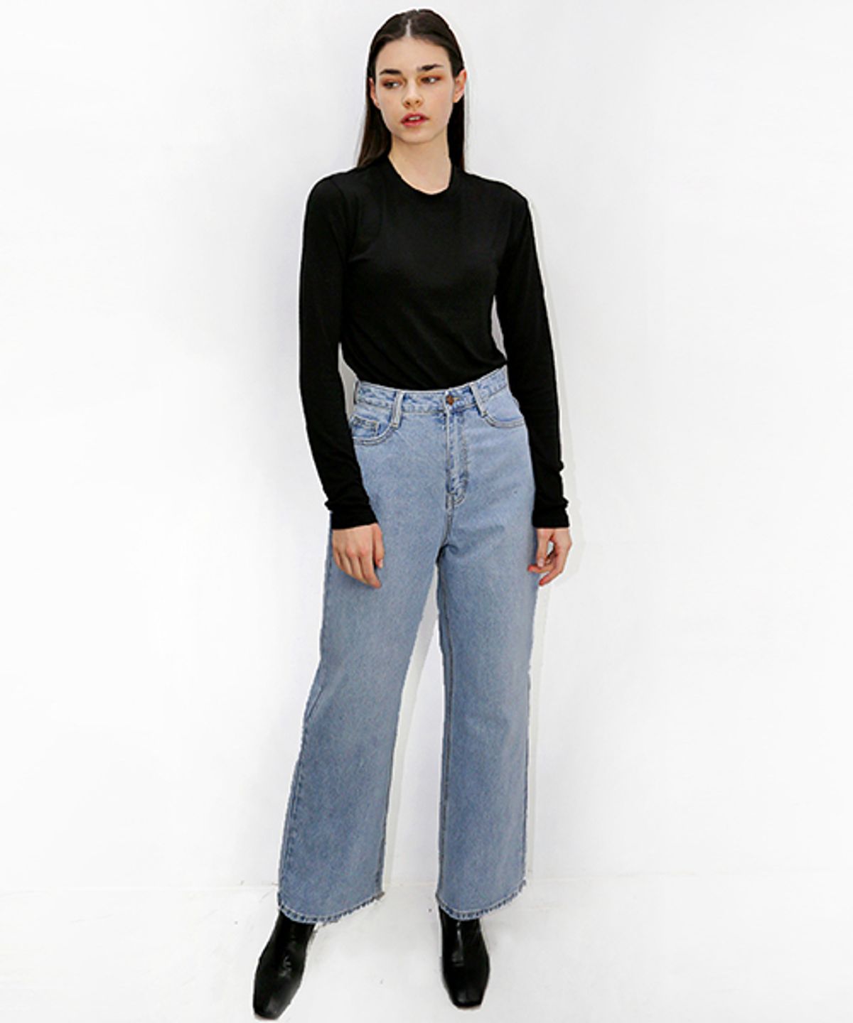 데미지니모닉(DAMAGE MNEMONIC) 하이웨스트 일자 데님 연청바지_ High waist Light Blue Denim