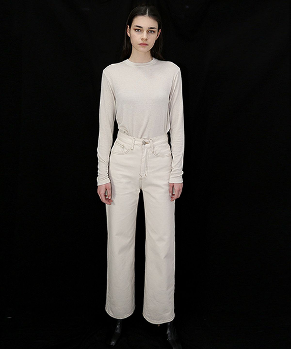 데미지니모닉(DAMAGE MNEMONIC) 하이웨스트 생지 크림 면바지_ High waist Cream Cotton PT