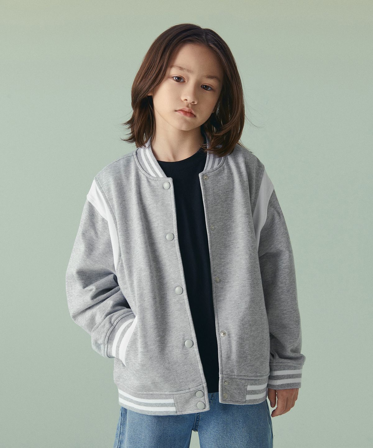 무신사 스탠다드 키즈(MUSINSA STANDARD KIDS) 오버사이즈 스웨트 바시티 재킷 [미디엄 그레이]
