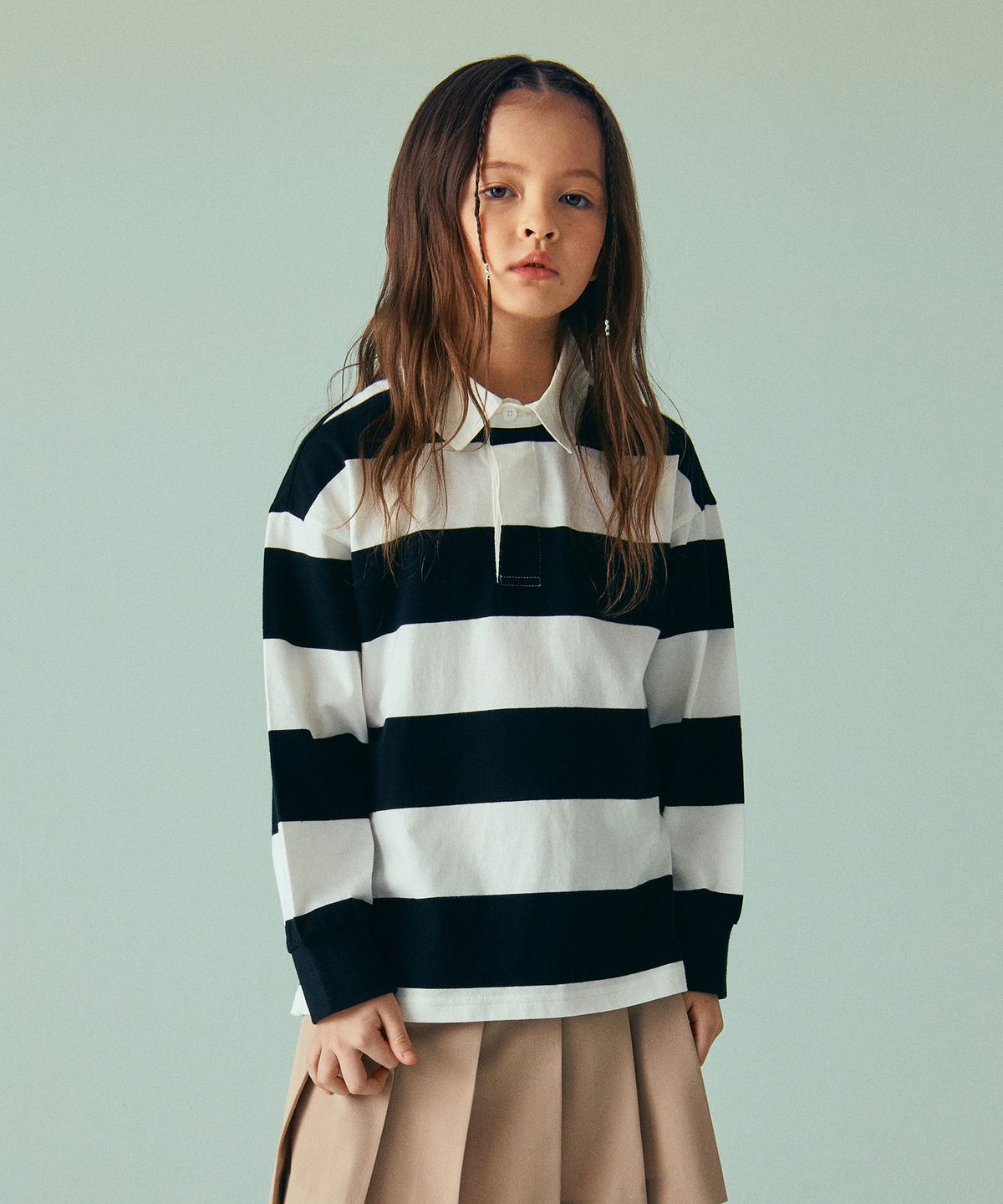 무신사 스탠다드 키즈(MUSINSA STANDARD KIDS) 스트라이프 럭비 셔츠 [블랙/화이트]