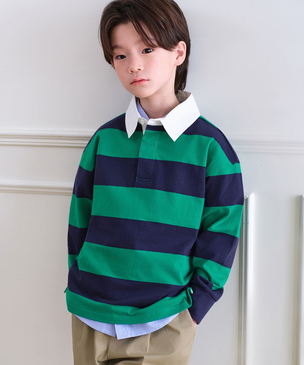 무신사 스탠다드 키즈(MUSINSA STANDARD KIDS) 스트라이프 럭비 셔츠 [네이비/그린]