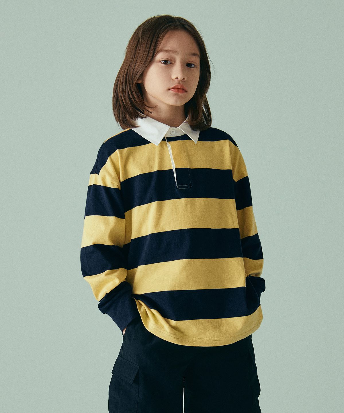 무신사 스탠다드 키즈(MUSINSA STANDARD KIDS) 스트라이프 럭비 셔츠 [네이비/옐로우]