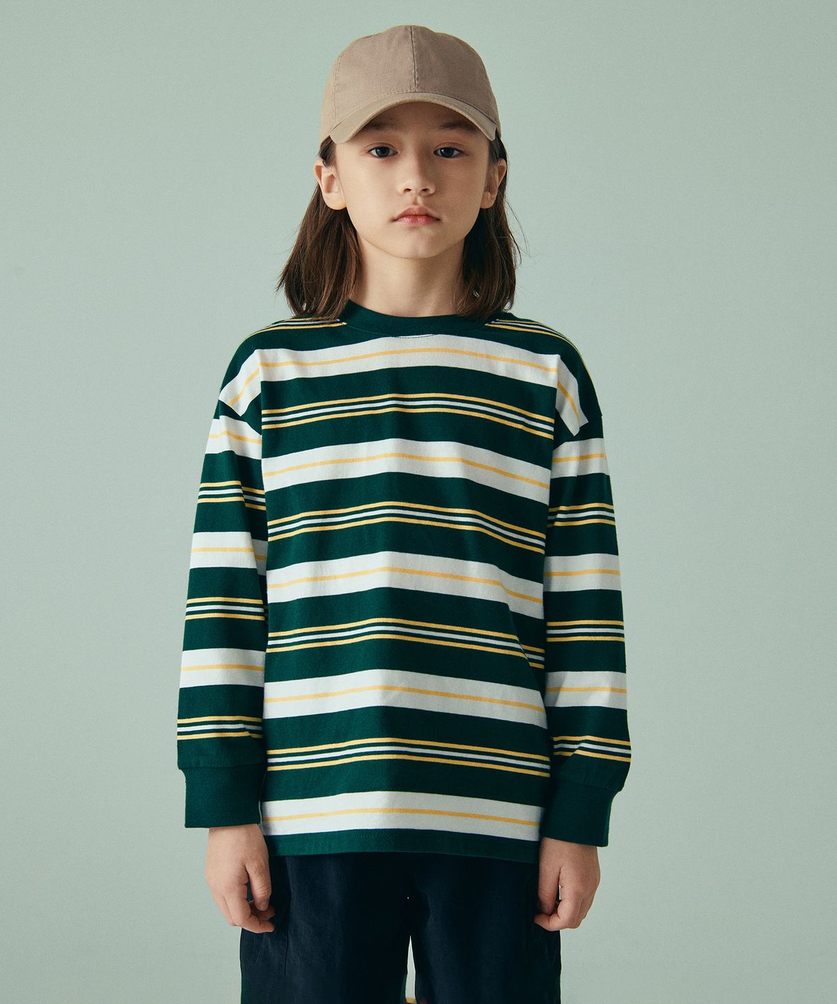 무신사 스탠다드 키즈(MUSINSA STANDARD KIDS) 멀티 스트라이프 크루 넥 긴소매 티셔츠 1 [그린]