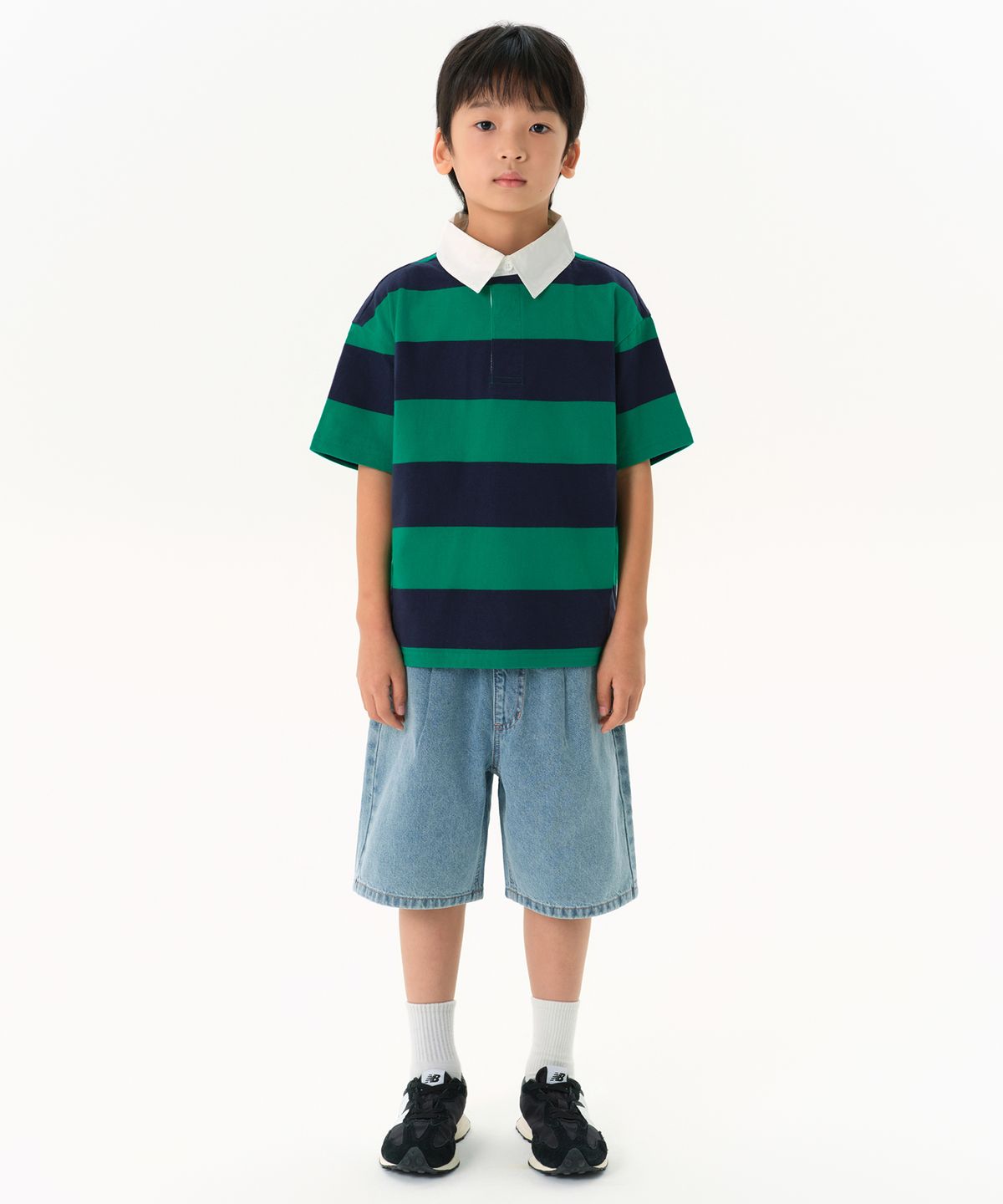 무신사 스탠다드 키즈(MUSINSA STANDARD KIDS) 스트라이프 반소매 럭비 셔츠 [네이비/그린]