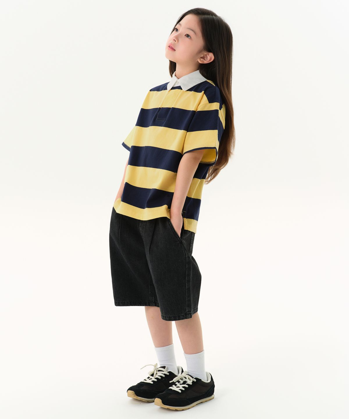 무신사 스탠다드 키즈(MUSINSA STANDARD KIDS) 스트라이프 반소매 럭비 셔츠 [네이비/옐로우]