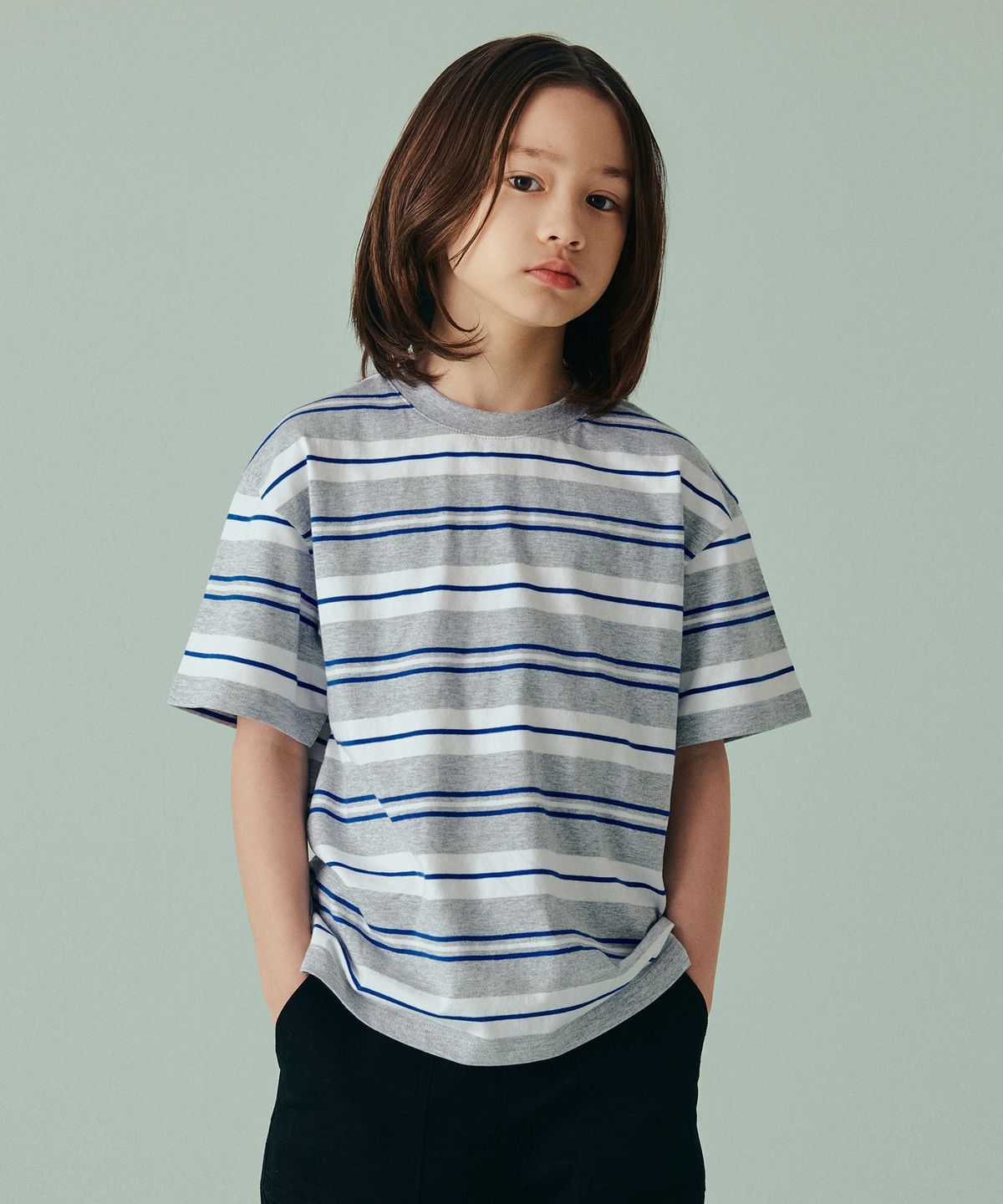 무신사 스탠다드 키즈(MUSINSA STANDARD KIDS) 멀티 스트라이프 크루 넥 티셔츠 1 [그레이]