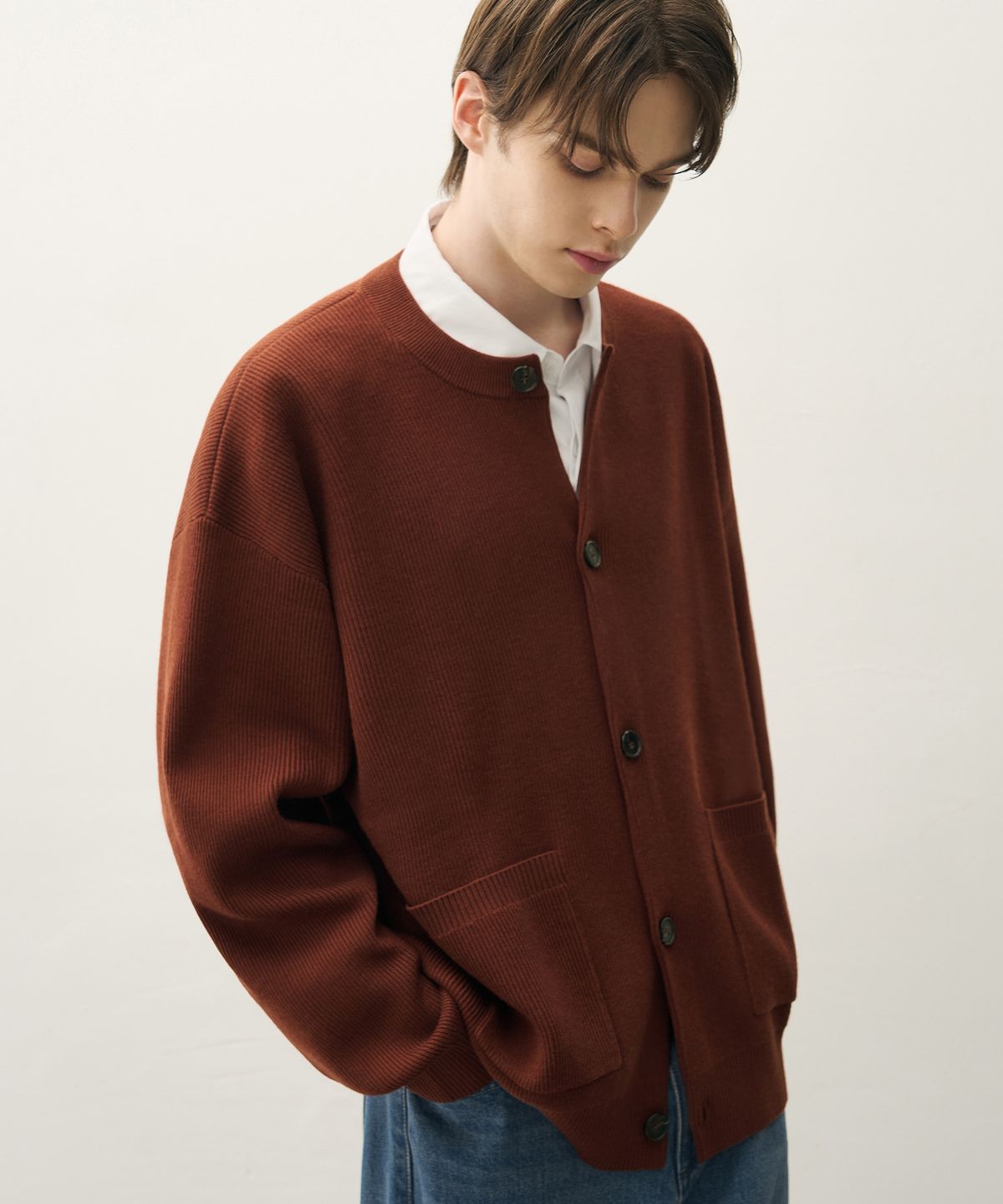 드로우핏(DRAW FIT) 오버사이즈 울 라운드 가디건 [BRICK]