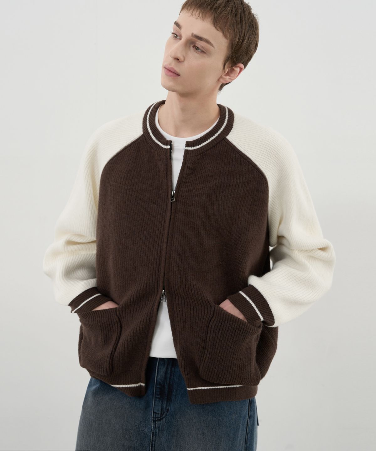 드로우핏(DRAW FIT) 바시티 벌룬 투웨이 집업 니트 [BROWN]
