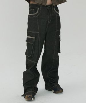 OBLIQUE PATCH DENIM PANTS BLACK