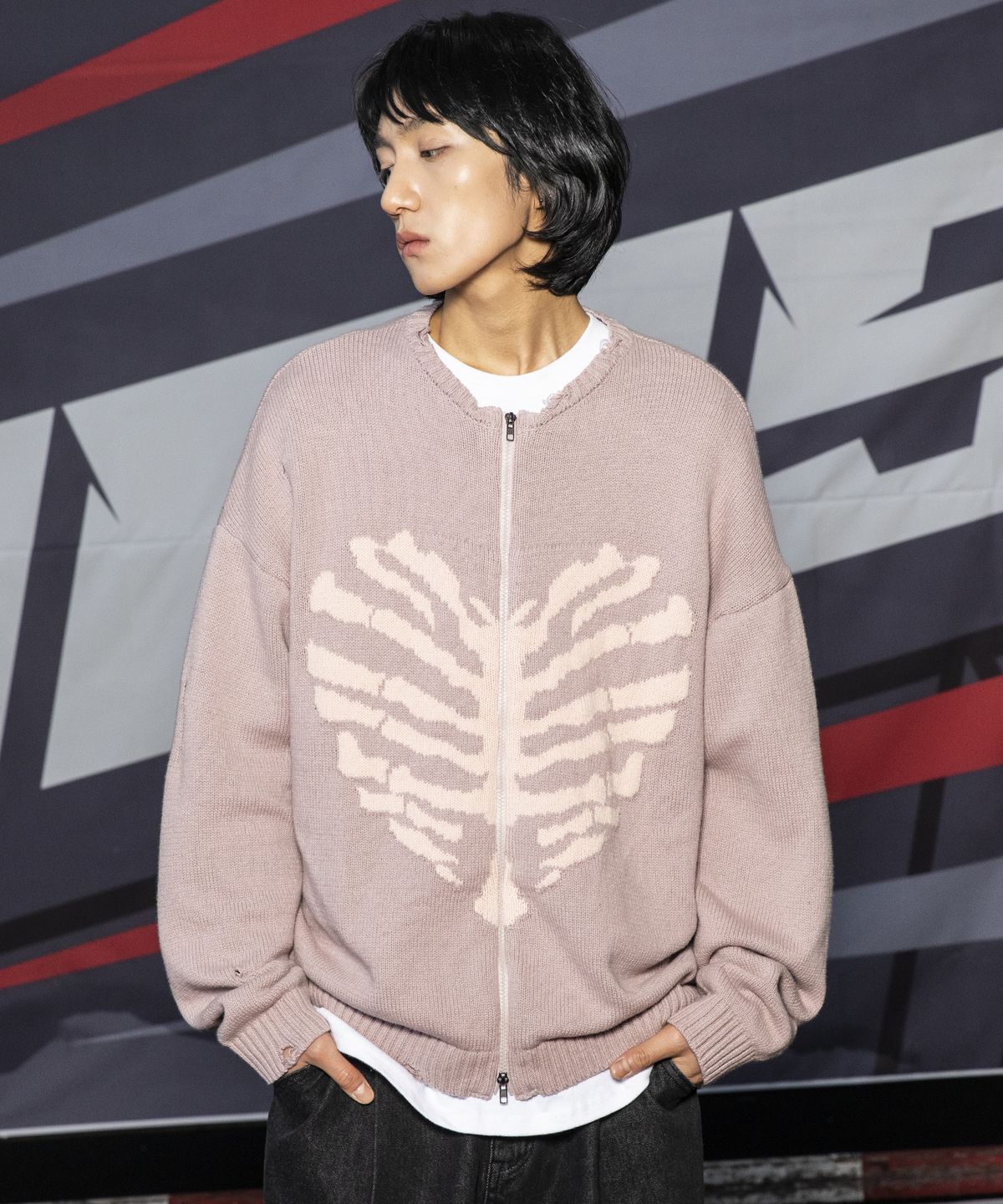 엑스톤즈(XTONZ) XTK037 보운 니트 집업 (VINTAGE PINK)