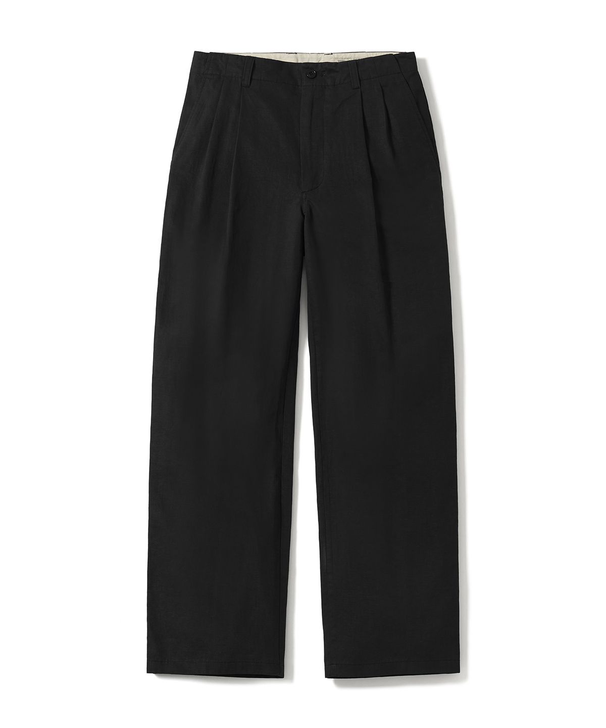 포터리(POTTERY) Two Pleated Wide Chino Pants Cotton / Linen Blend Twill Cloth Resilient Hard Finish (Black)