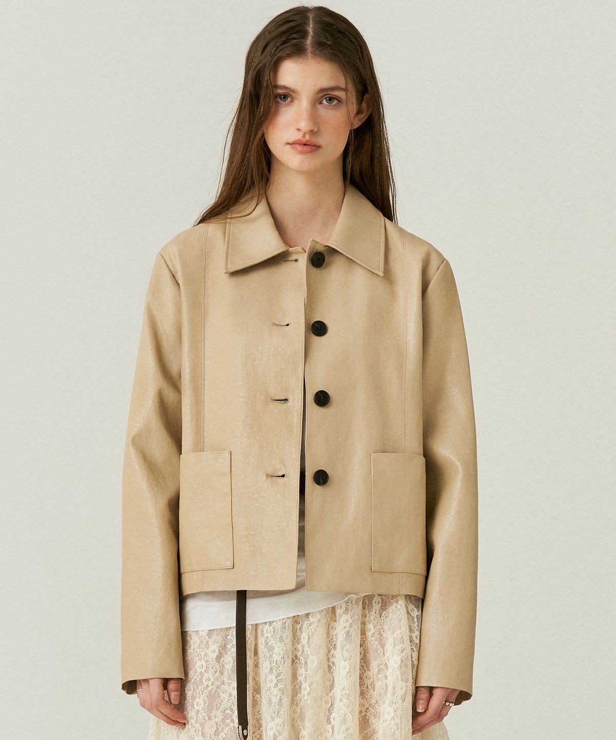 도프셉(DOFFSEPT) FAUX Leather Two Pocket Jacket in Beige