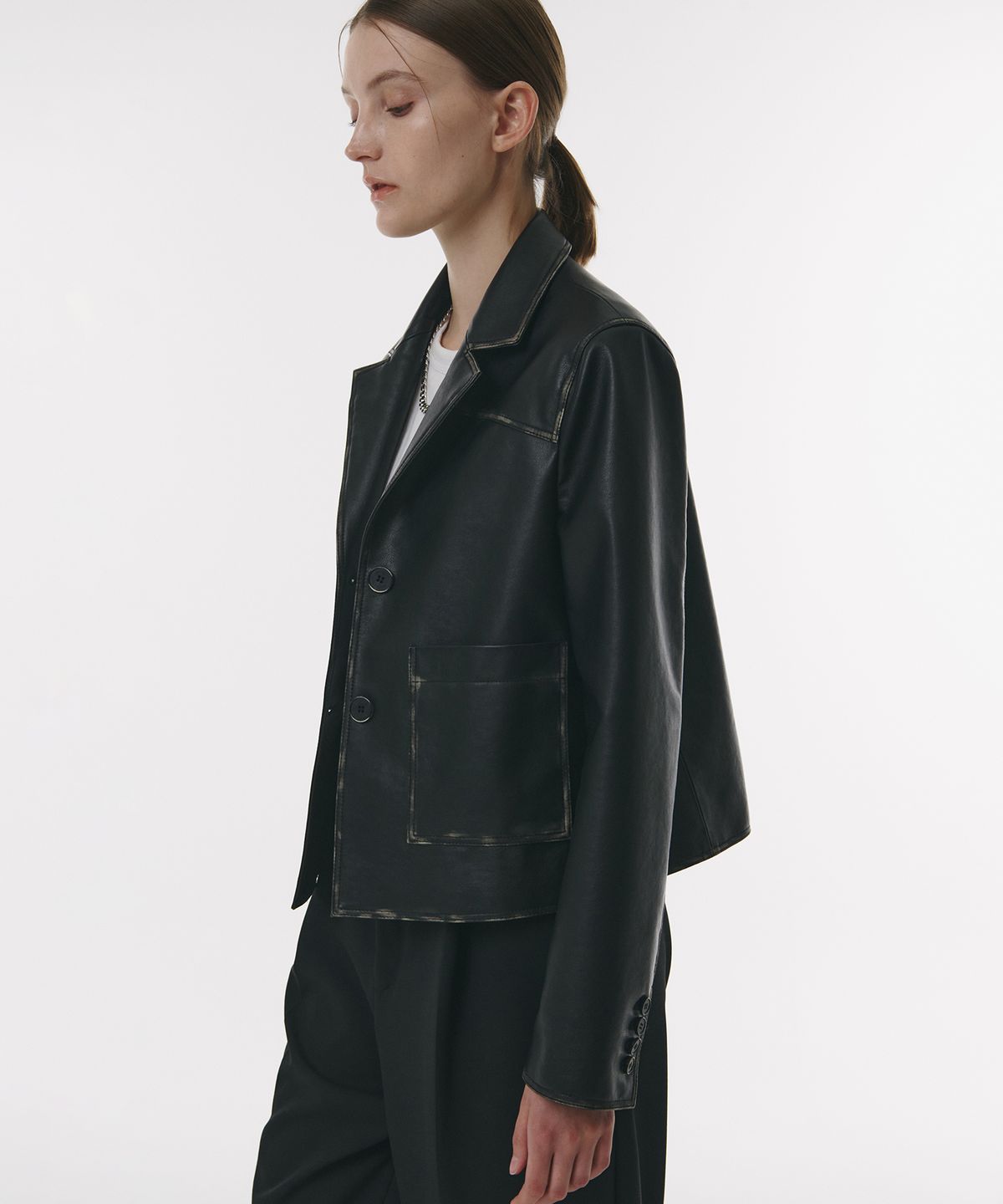 도프셉(DOFFSEPT) FAUX Leather Midi Vintage Blazer in Black