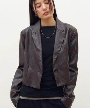 FAUX Leather Crop Blazer in Dark brown