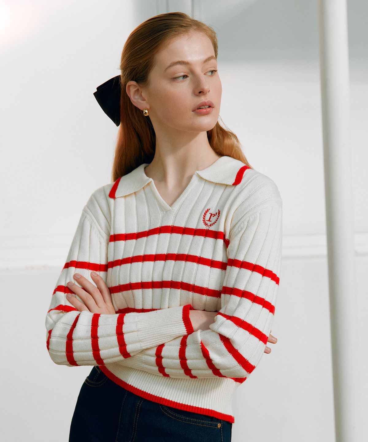 로라로라(ROLAROLA) V NECK COLLAR STRIPE KINT RED