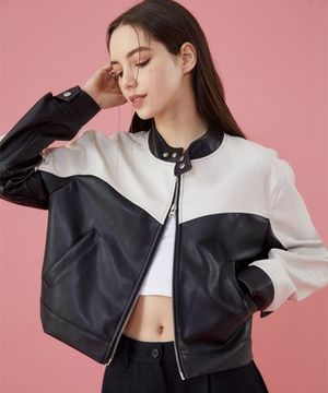 WOMEN 오버핏 투웨이 배색 레더 라이더자켓 [Black_White] 가죽자켓 ver.