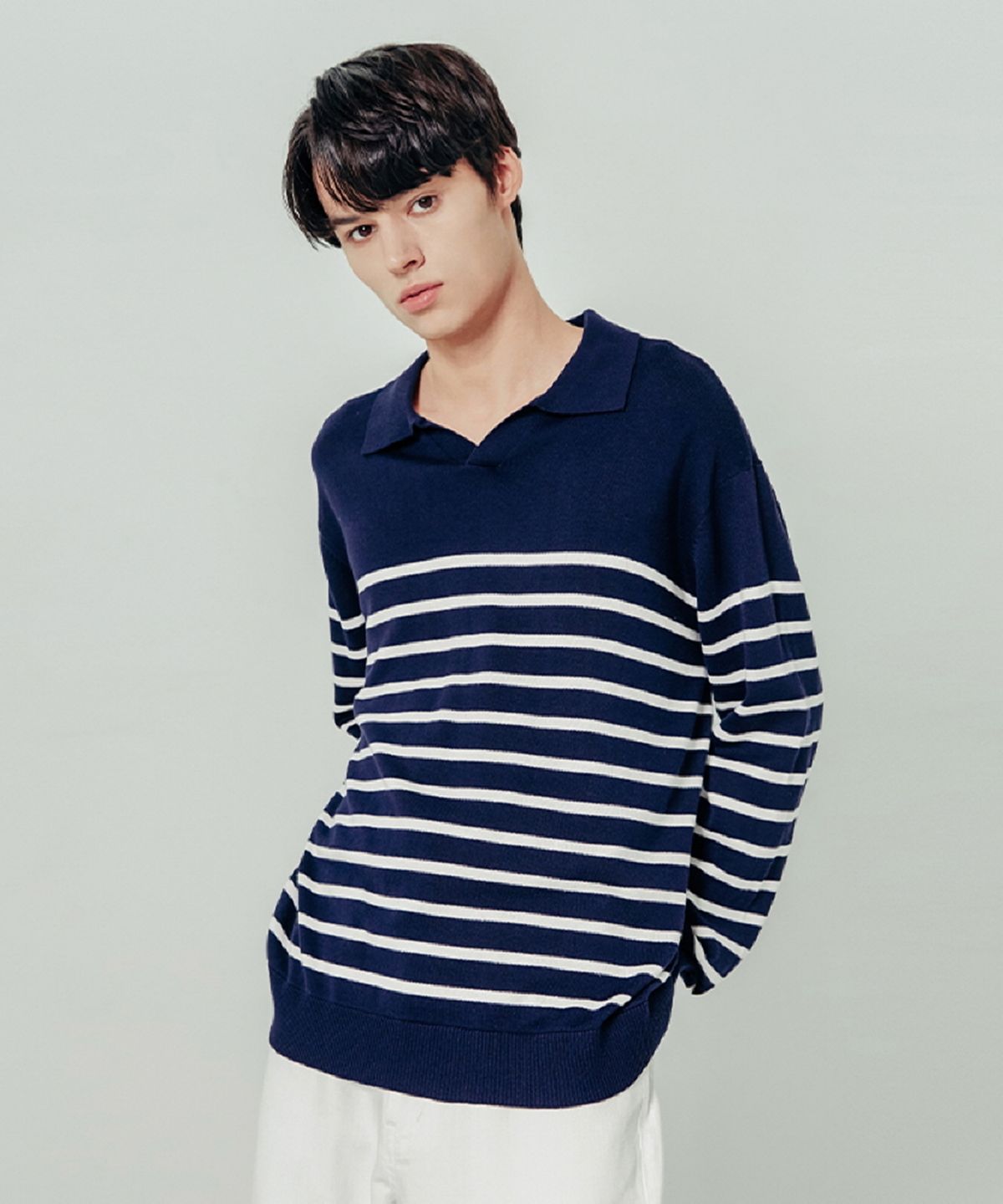 애드호크(ADHOC) 남성 스트라이프 칼라 스웨터 (DK-NAVY)