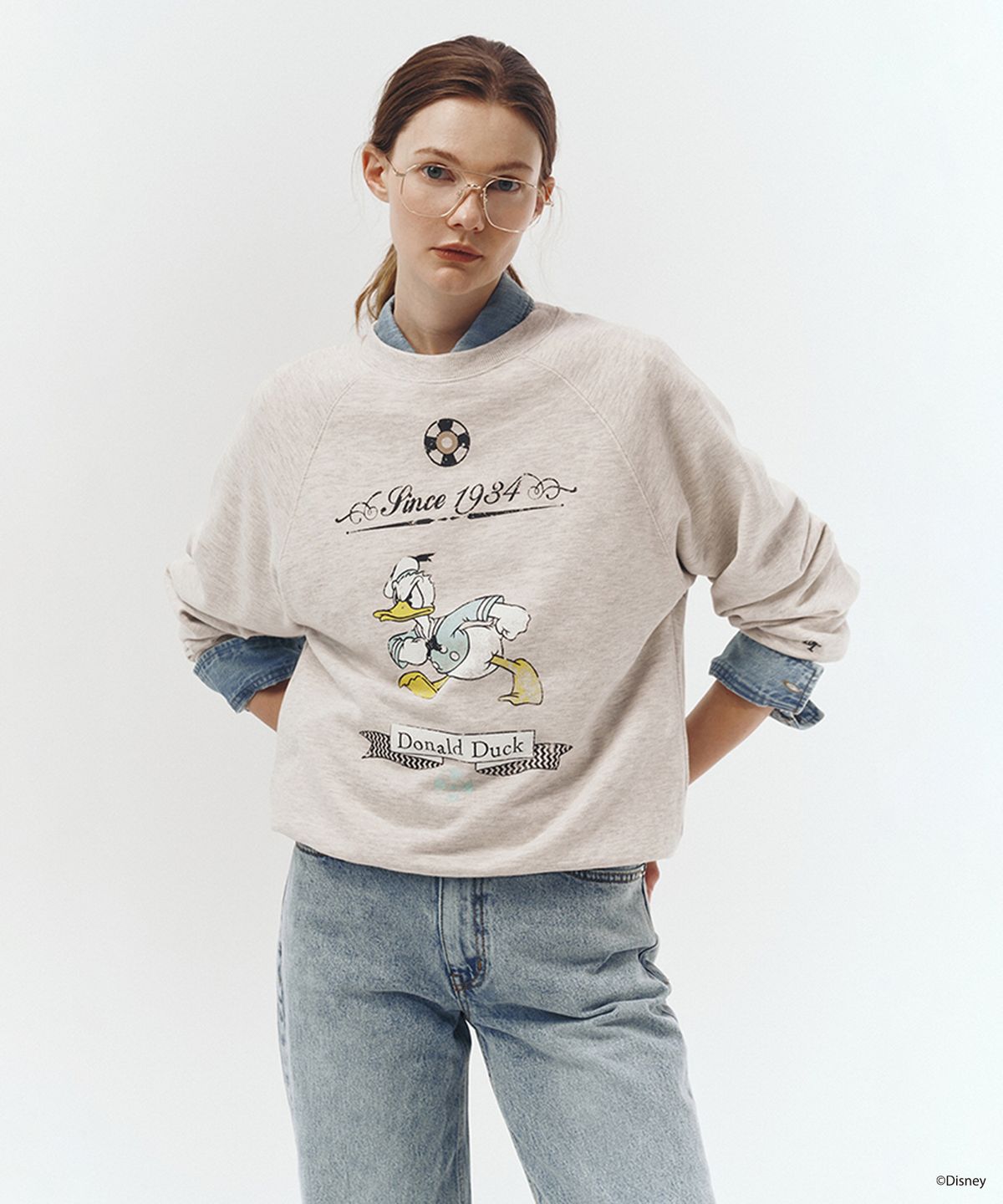 던스트(DUNST) UNISEX_DISNEY DONALD DUCK_VINTAGE SWEATSHIRT_OATMEAL MELANGE_UDTS3A151I1