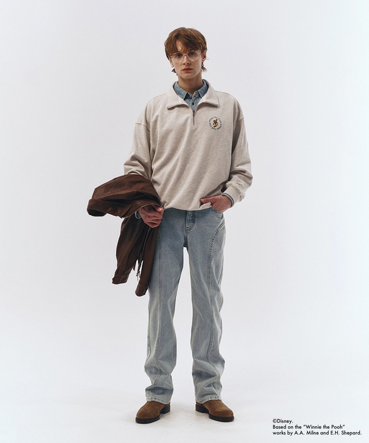 던스트 포 맨(DUNST FOR MEN) UNISEX_DISNEY POOH_SPORTS HALF ZIP-UP SWEATSHIRT_OATMEAL MELANGE_M_UDTS3A158I1