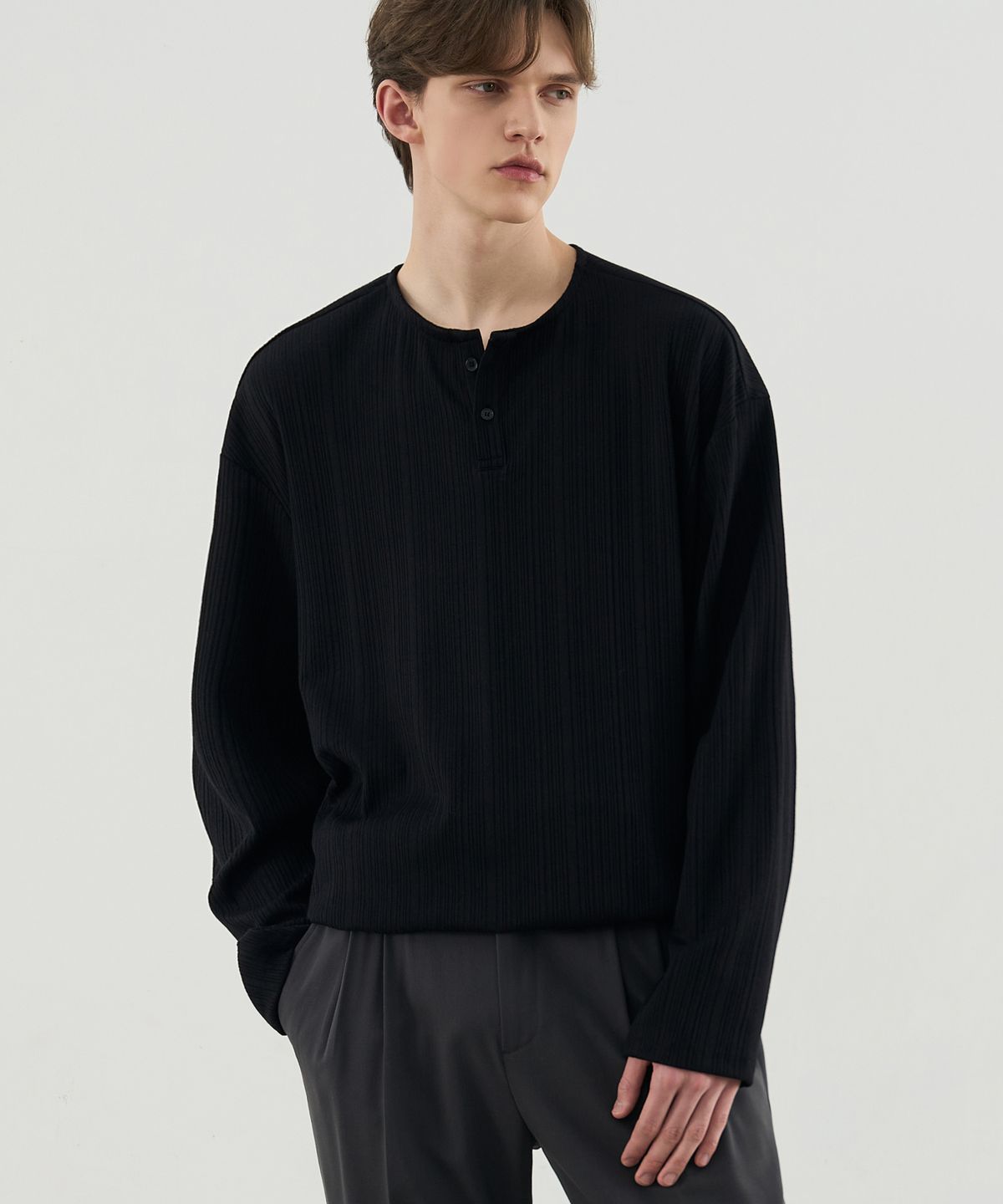 드로우핏(DRAW FIT) 포멀릭 리브드 헨리넥 티셔츠 [BLACK]