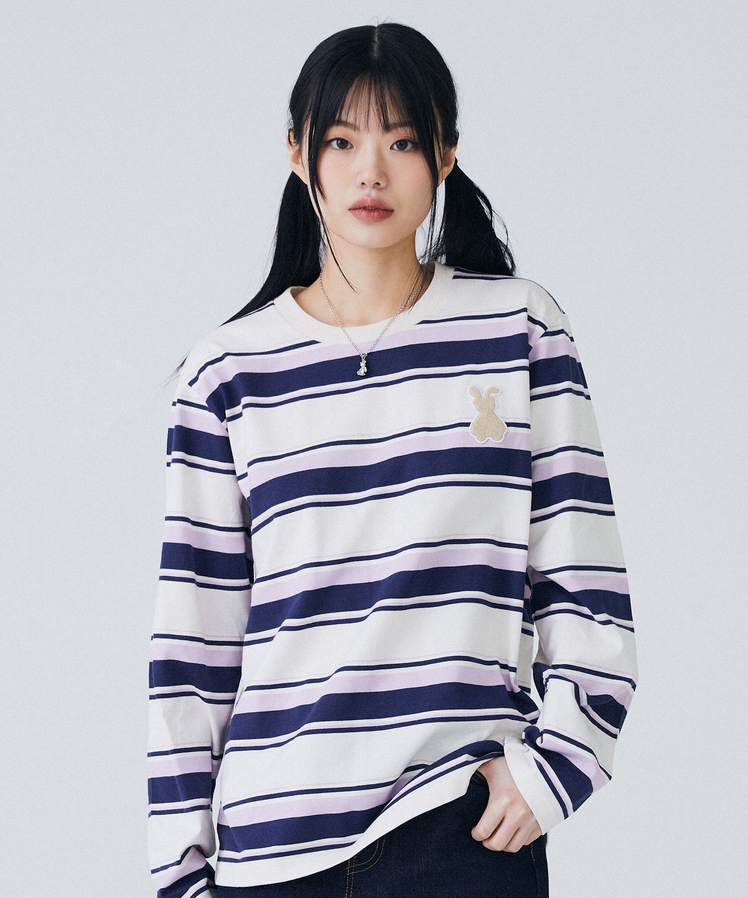 MUSINSA | AQO STUDIO SPACE Bunny Bear Stripe T-Shirt Purple