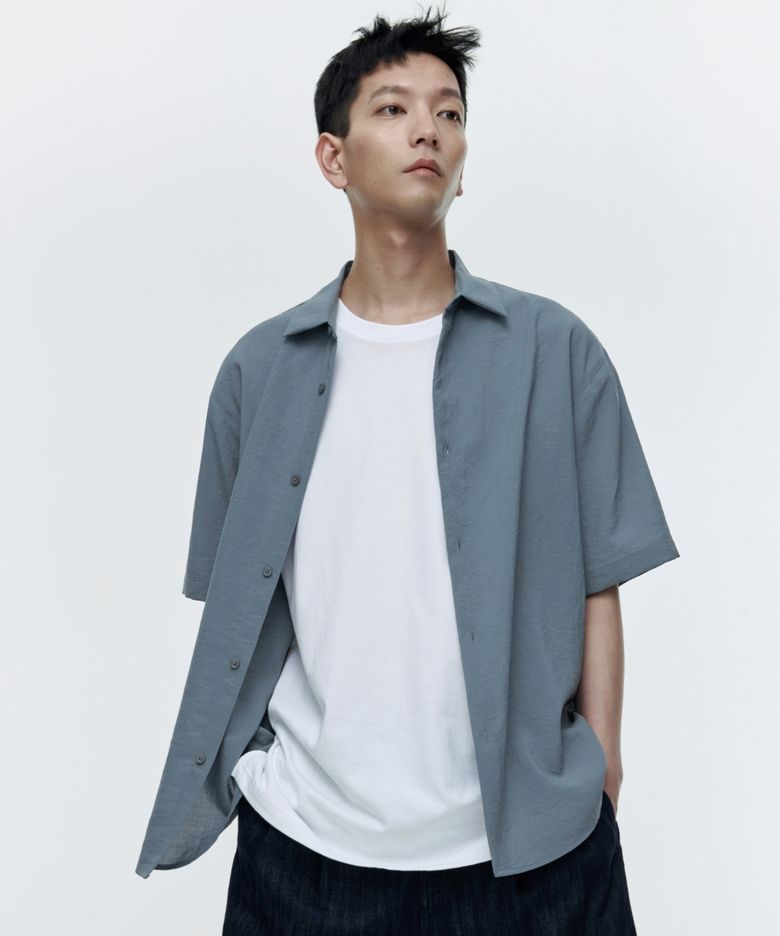릴렉스드 린넨 라이크 반소매 셔츠 [블루 그레이]