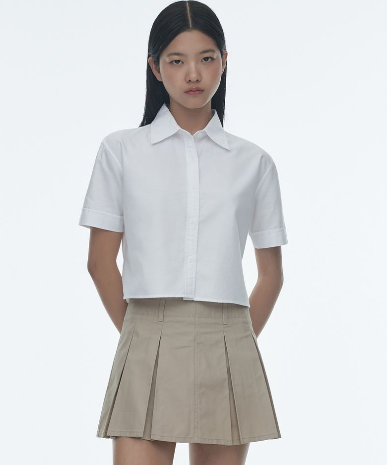 우먼즈 옥스포드 크롭 반팔 셔츠 [화이트]