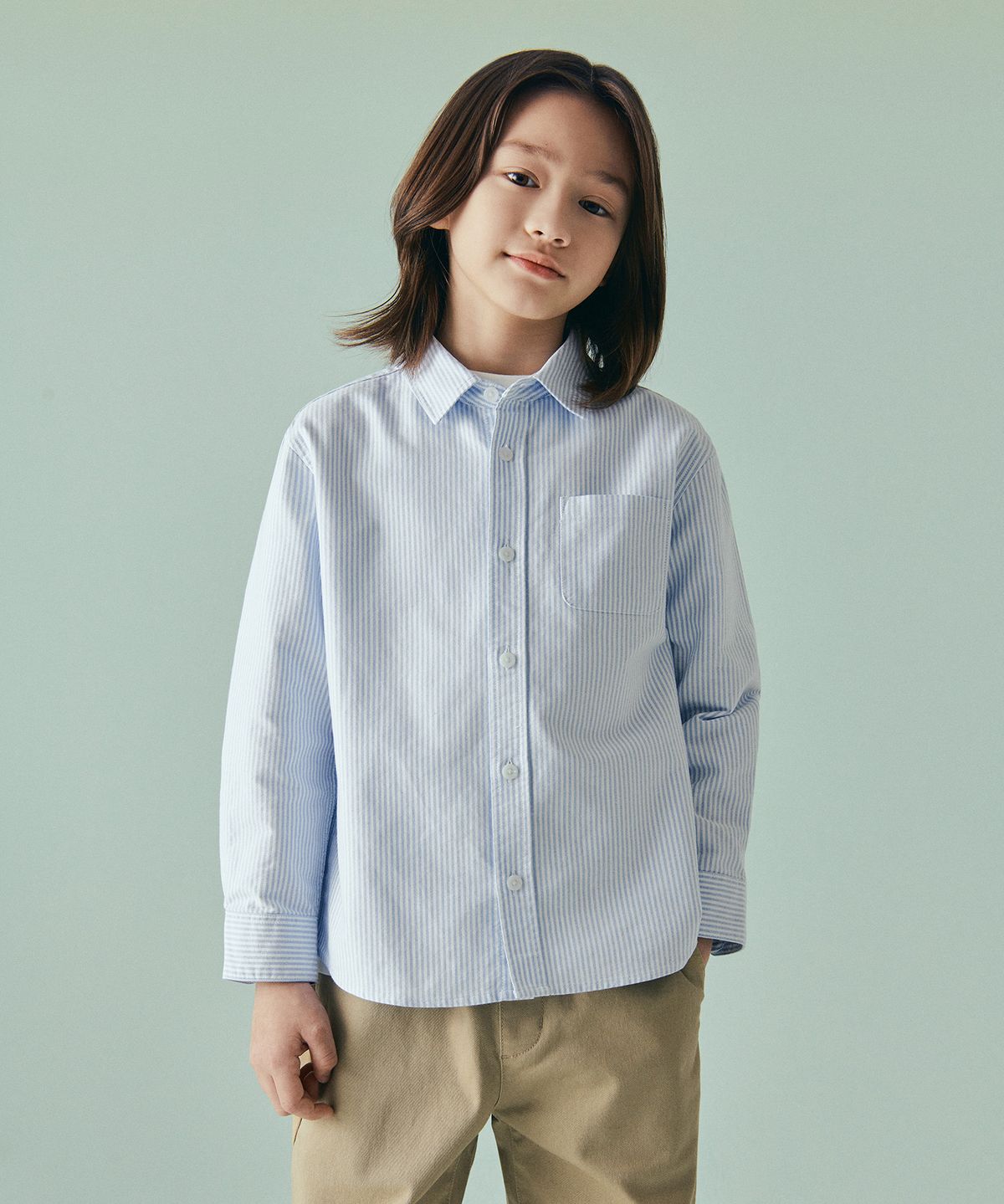 무신사 스탠다드 키즈(MUSINSA STANDARD KIDS) 스트라이프 릴렉스드 옥스포드 셔츠 [스카이 블루 스트라이프]