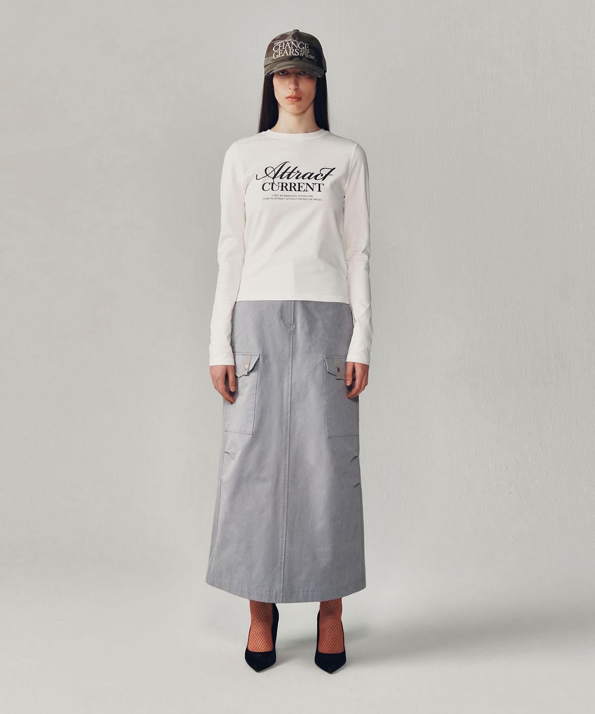 커렌트(CURRENT) CARGO DETAIL LONG SKIRT [GREY]