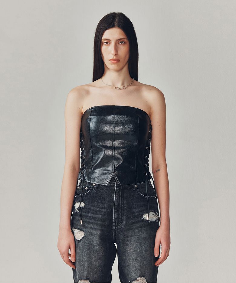 VEGAN LEATHER BUSTIER TOP [BLACK]