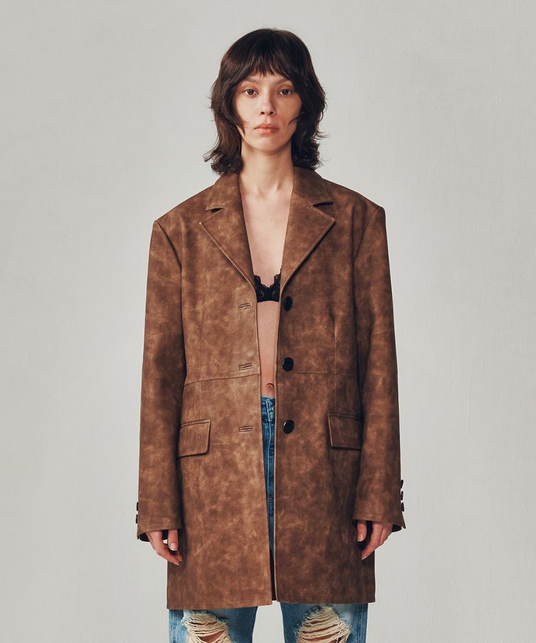 VEGAN LEATHER HALF COAT [BROWN]
