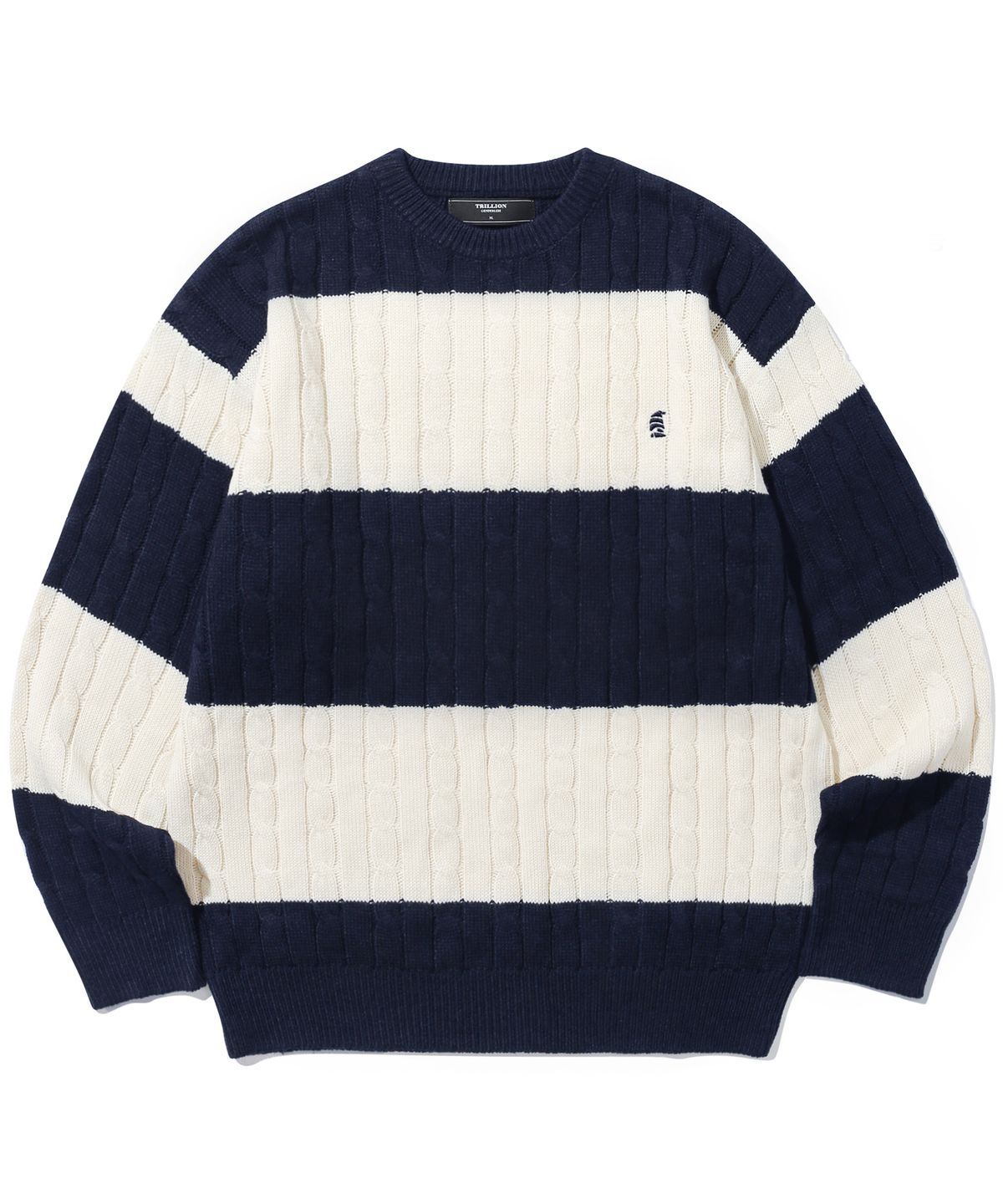 트릴리온(TRILLION) 워셔블 보트자수 케이블 크루넥 니트 (NAVY STRIPE)