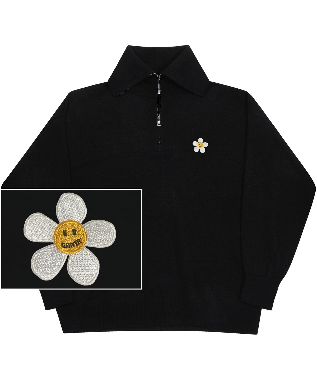 그레이버(GRAVER) [UNISEX]화이트 플라워 자수 오버사이즈 카라 니트 집업_블랙