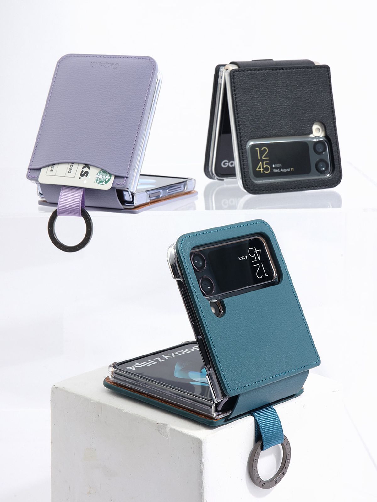 디자인스킨(DESIGNSKIN) 갤럭시Z플립4_3 링 그립 가죽 카드포켓 케이스Ver.2-블루그린