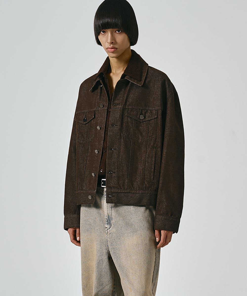MUSINSA | NOIRER Overfit Cropped Denim Jacket (Brown)
