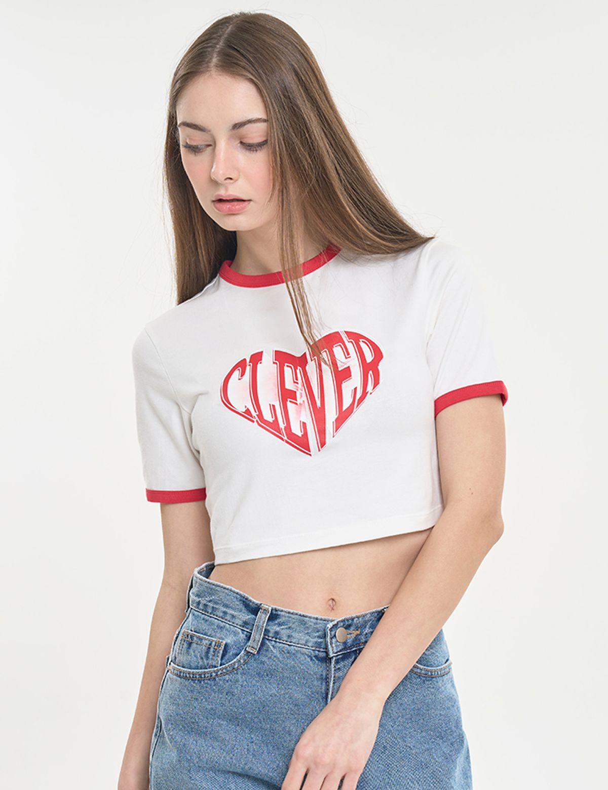 클레버필드(CLEVER FIELD) 하트 링거 크롭 티셔츠 [레드]